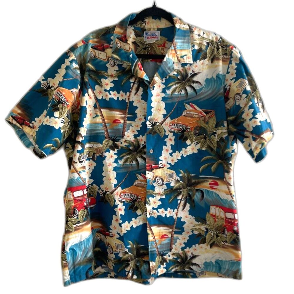 Vintage Mens Hawaiian Shirt Cars, Surfboards, Leis 100% Cotton Size XL Button Up